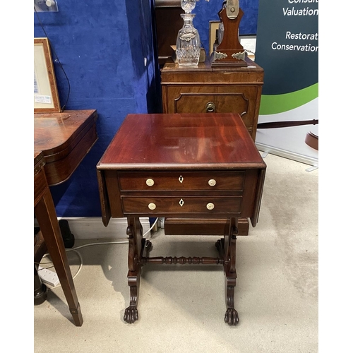 132 - A WILLIAM IV DROP LEAF TWO DRAWER TABLE, the drop leaves with canted corners, the two drawers to fro... 