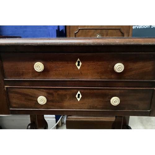 132 - A WILLIAM IV DROP LEAF TWO DRAWER TABLE, the drop leaves with canted corners, the two drawers to fro... 