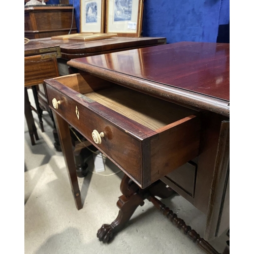 132 - A WILLIAM IV DROP LEAF TWO DRAWER TABLE, the drop leaves with canted corners, the two drawers to fro... 