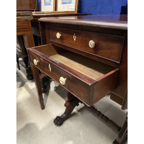 132 - A WILLIAM IV DROP LEAF TWO DRAWER TABLE, the drop leaves with canted corners, the two drawers to fro... 