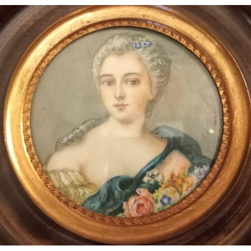 147 - A FRENCH MINIATURE PAINTING OF A LADY, circular miniature, signed to the right, in hardwood frame. D... 