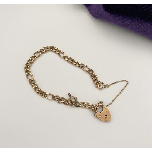 157 - A 9CT GOLD HEART LOCK PENDANT BRACELET, Figaro chain link bracelet, with heart lock pendant hallmark... 