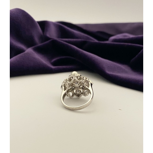 20 - AN ORNATE 9CT WHITE GOLD PEARL & DIAMOND STATEMENT RING, featuring five pearls on white gold setting... 