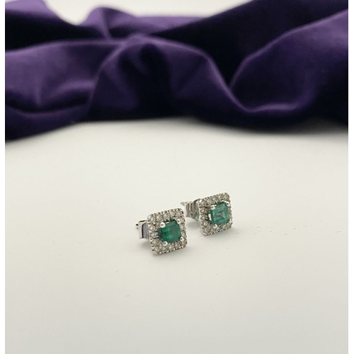 27 - A STUNNING PAIR OF 14CT WHITE GOLD EMERALD & DIAMOND STUD EARRINGS, with central vibrant emerald in ... 