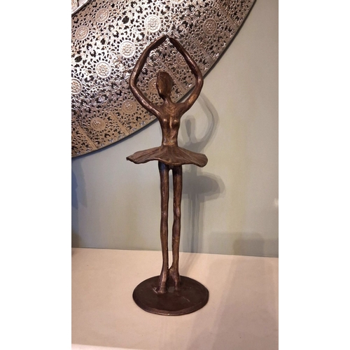 52 - A MODERN SCULPTURE IN THE FORM OF BALLERINA, abstracted form, in bronze tone metal, on circular base... 