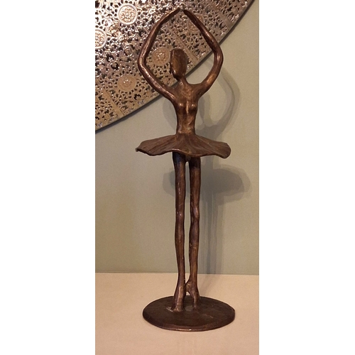 52 - A MODERN SCULPTURE IN THE FORM OF BALLERINA, abstracted form, in bronze tone metal, on circular base... 