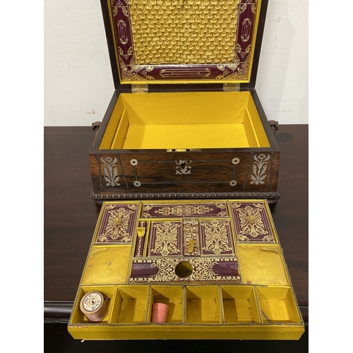 133 - AN ANTIQUE VICTORIAN ROSEWOOD MOTHER OF PEARL INLAID SEWING BOX, the sarcophagus shaped box is highl... 