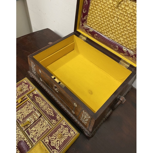 133 - AN ANTIQUE VICTORIAN ROSEWOOD MOTHER OF PEARL INLAID SEWING BOX, the sarcophagus shaped box is highl... 
