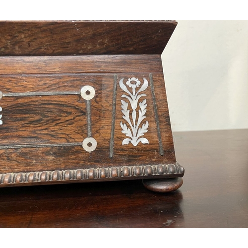 133 - AN ANTIQUE VICTORIAN ROSEWOOD MOTHER OF PEARL INLAID SEWING BOX, the sarcophagus shaped box is highl... 