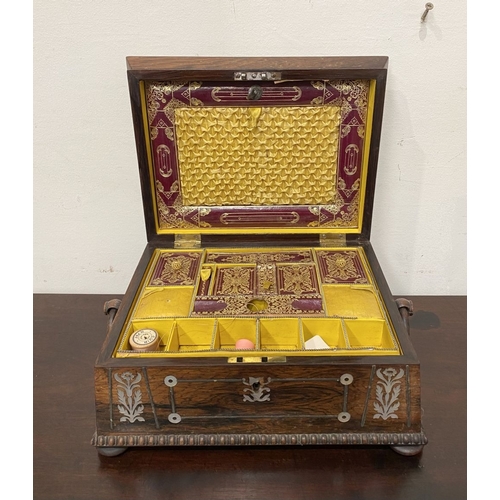 133 - AN ANTIQUE VICTORIAN ROSEWOOD MOTHER OF PEARL INLAID SEWING BOX, the sarcophagus shaped box is highl... 