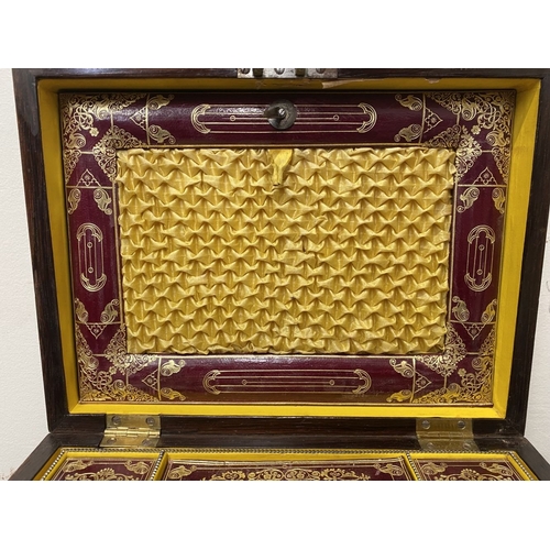 133 - AN ANTIQUE VICTORIAN ROSEWOOD MOTHER OF PEARL INLAID SEWING BOX, the sarcophagus shaped box is highl... 