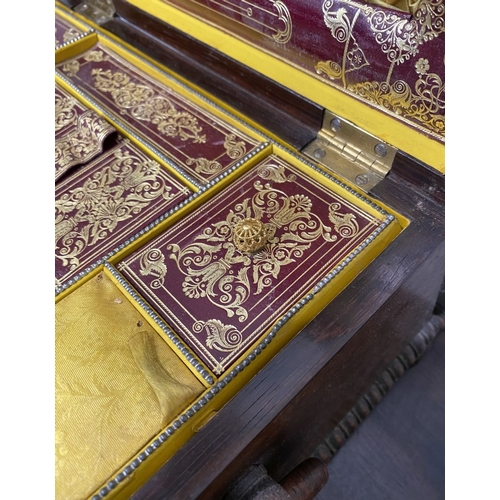 133 - AN ANTIQUE VICTORIAN ROSEWOOD MOTHER OF PEARL INLAID SEWING BOX, the sarcophagus shaped box is highl... 
