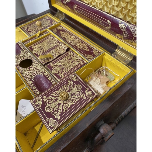 133 - AN ANTIQUE VICTORIAN ROSEWOOD MOTHER OF PEARL INLAID SEWING BOX, the sarcophagus shaped box is highl... 