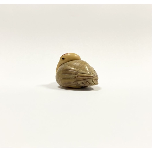 79 - AN ANTIQUE HAND CARVED JAPANESE TAGUA NUT NETSUKE, in the form of a crane, signed to base. Intricate... 