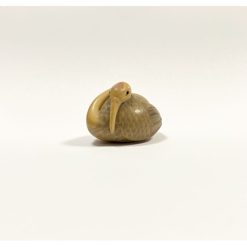 79 - AN ANTIQUE HAND CARVED JAPANESE TAGUA NUT NETSUKE, in the form of a crane, signed to base. Intricate... 