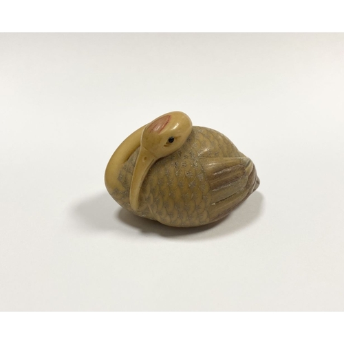 79 - AN ANTIQUE HAND CARVED JAPANESE TAGUA NUT NETSUKE, in the form of a crane, signed to base. Intricate... 