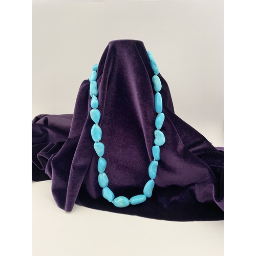 84 - A TURQUOISE BEADED NECKLACE, organically shaped natural turquoise beads, single strand necklace, wit... 