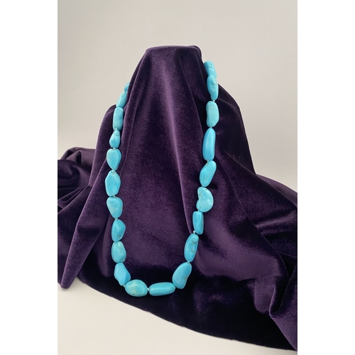 84 - A TURQUOISE BEADED NECKLACE, organically shaped natural turquoise beads, single strand necklace, wit... 