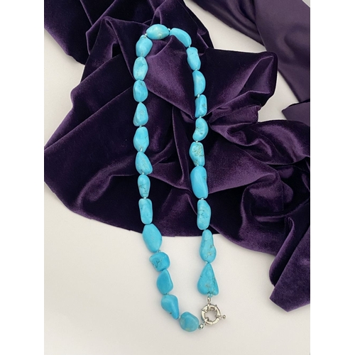 84 - A TURQUOISE BEADED NECKLACE, organically shaped natural turquoise beads, single strand necklace, wit... 