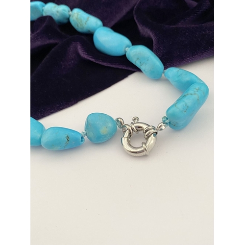 84 - A TURQUOISE BEADED NECKLACE, organically shaped natural turquoise beads, single strand necklace, wit... 