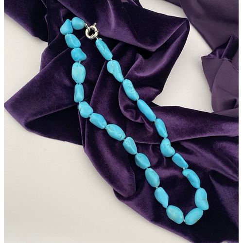 84 - A TURQUOISE BEADED NECKLACE, organically shaped natural turquoise beads, single strand necklace, wit... 