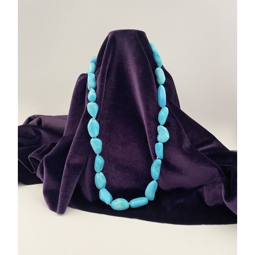 84 - A TURQUOISE BEADED NECKLACE, organically shaped natural turquoise beads, single strand necklace, wit... 