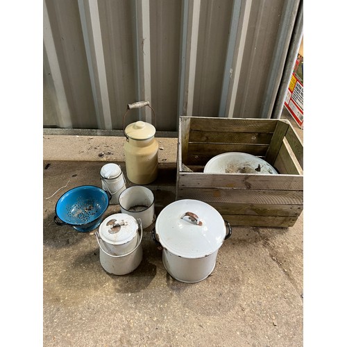 215 - Crate with enamel pots & jugs