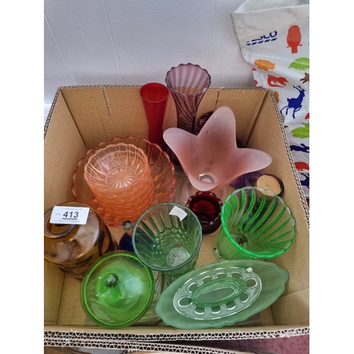 413 - Box of coloured glassware