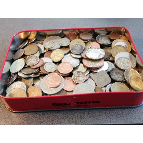 39A - A Rileys Toffee tin full of mixed coinage (silver noted)