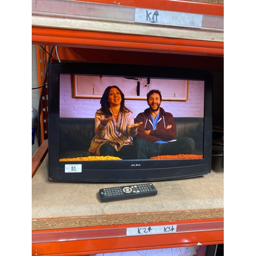 51 - Alba 22” Tv with freeview & dvd player - with remote - working order