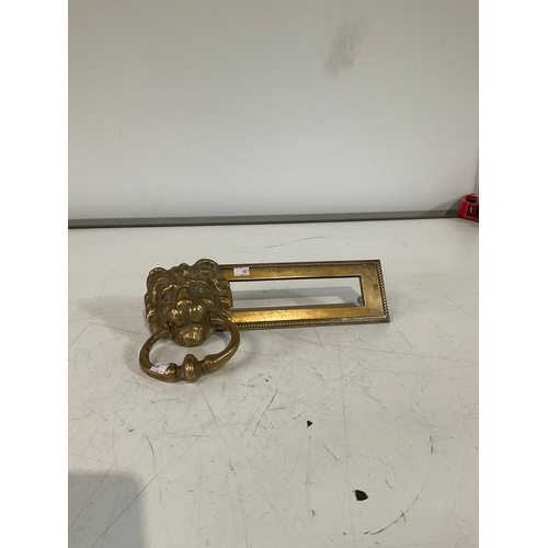 25 - Large brass lion head door knocker (600g) and brass letter box