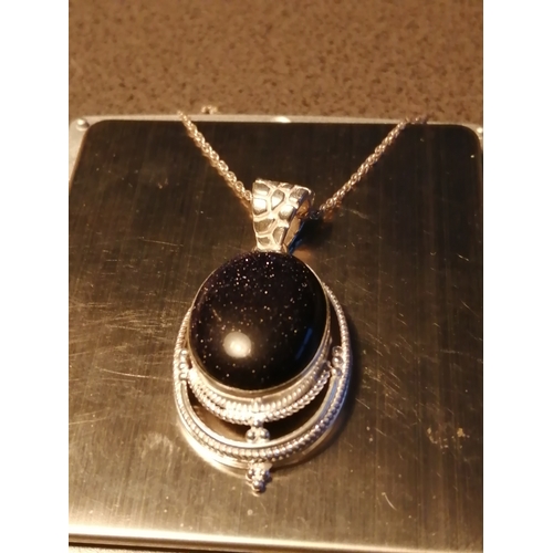 24A - Silver necklace with large black gemstone pendant 11.70 grams