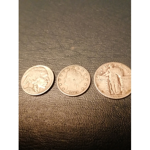 35A - 3 USA coins 1909 Liberty 5 cents, 1919 Buffalo 5 cents and a 1929 silver quarter dollar