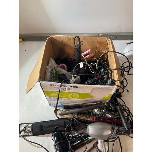 223 - large mixed box of hair appliances tongs, hairdryers, brushes etc