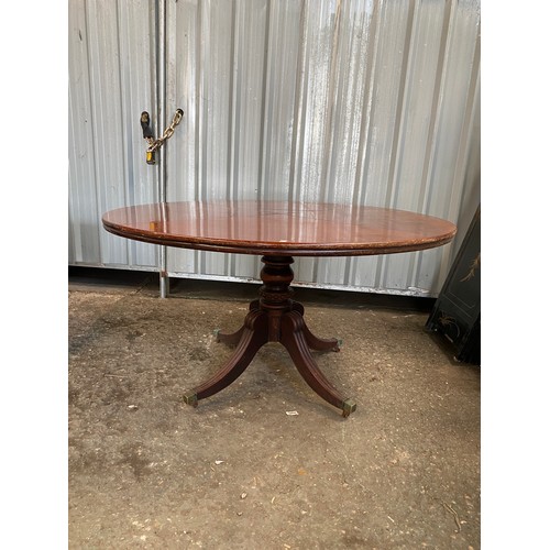 423 - Antique Large dark wood round table and pedestal base on castors approx 53