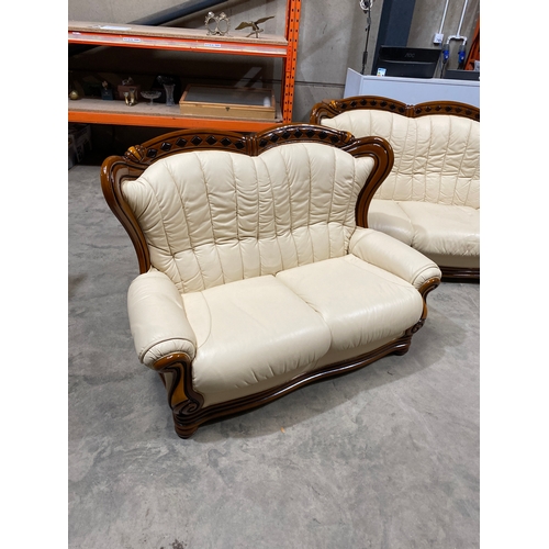 352 - Very nice & comfy Italian leather & glossy wood framed 3 seater & 2 seater sofa