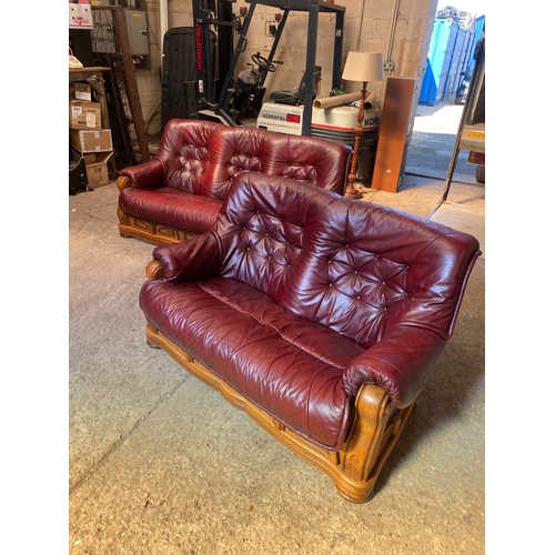 435 - Red leather sofa set with wooden frame