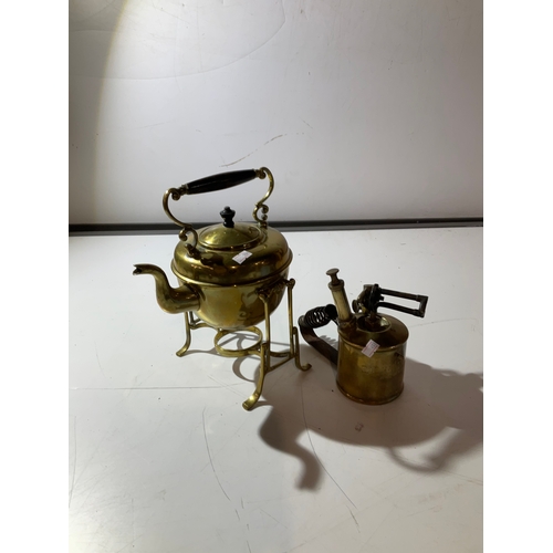 32 - Brass Swedish made blow torch & brass kettle with base