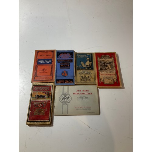 146 - collection of vintage ordnance survey maps and book of air raid precautions cigarette cards