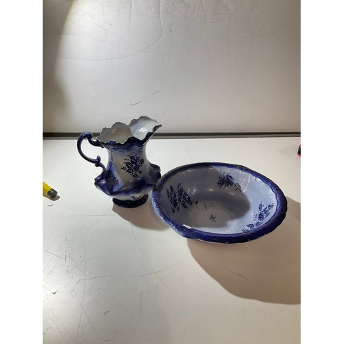 206 - Staffordshire fine ceramics jug and matching wash bowl blue floral pattern