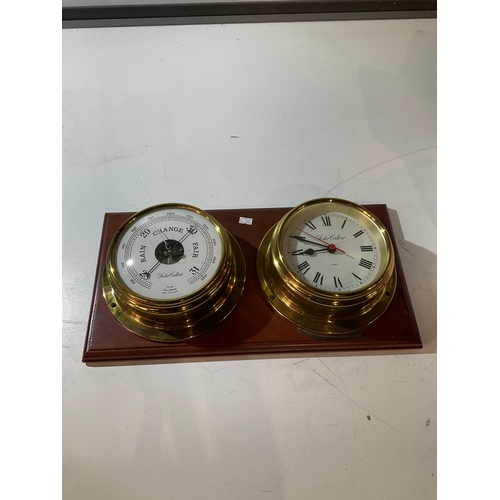 203 - Ships brass Clock & Barometer  '' Foster Callear '' on wooden wall mount