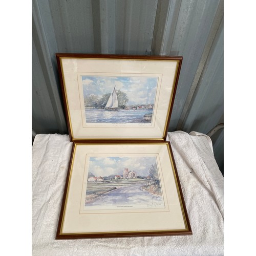 166 - 2 framed and glazed water colours of Morston church Norfolk and River Bure Horning Norfolk signed Ja... 