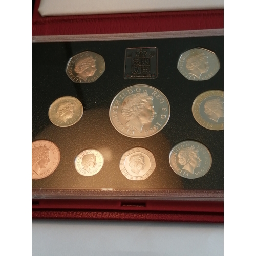 37A - 1998 Proof set 5 pounds to 1p including 2 x 50p in red executive leather case