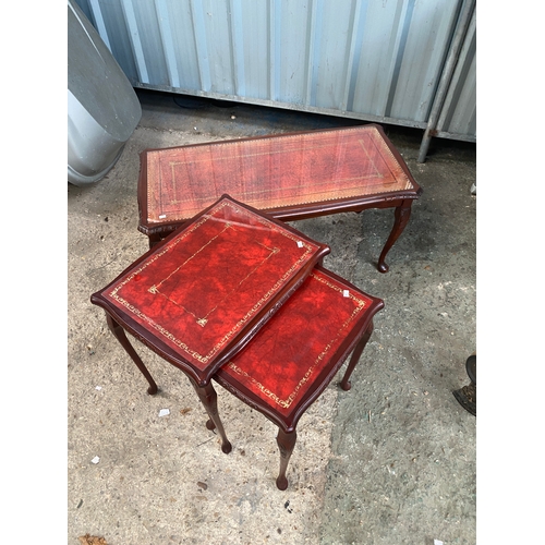 218 - Leather & glass topped regency style coffee table with 2x matching side tables