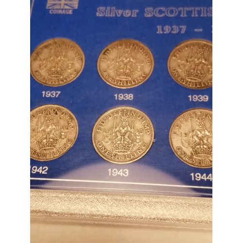 35A - Complete set of George VI Scottish silver shillings 1937 to 1946 (10 coins)