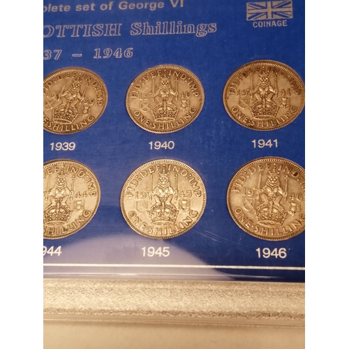 35A - Complete set of George VI Scottish silver shillings 1937 to 1946 (10 coins)