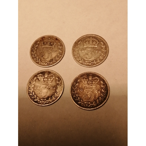 36A - Collection of 10 Victorian silver coins : 4 x 3d 1874,1882, 1891 and 1900 2 x 6d 1881 and 1891 and 4... 