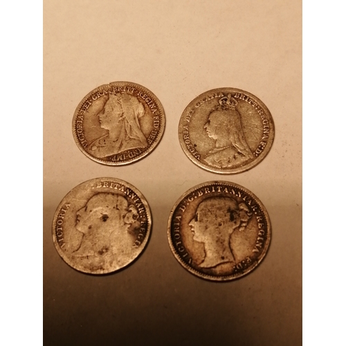 36A - Collection of 10 Victorian silver coins : 4 x 3d 1874,1882, 1891 and 1900 2 x 6d 1881 and 1891 and 4... 