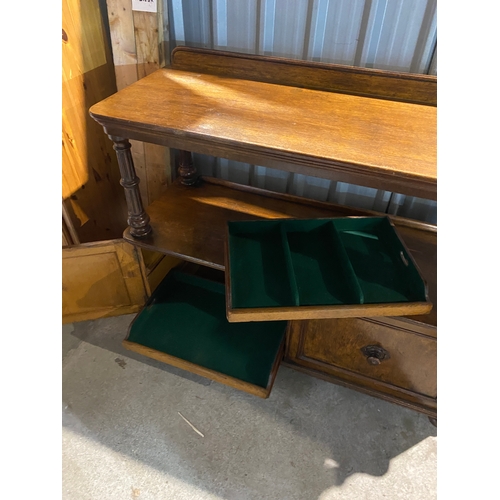 300A - Victorian oak buffet sideboard unit - with serving pull out drawers and side drawer for alcohol stor... 