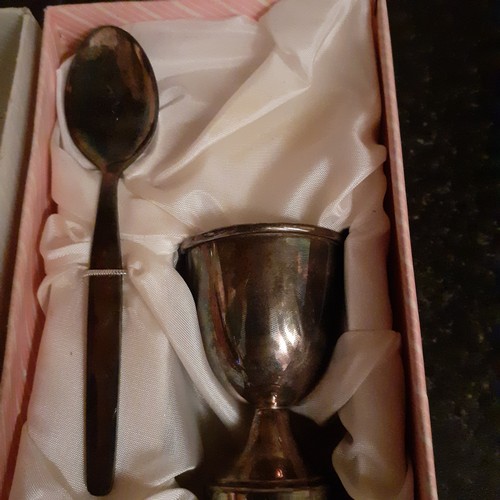 5 - Vintage metal egg cup and spoon in original box. Needs a clean.